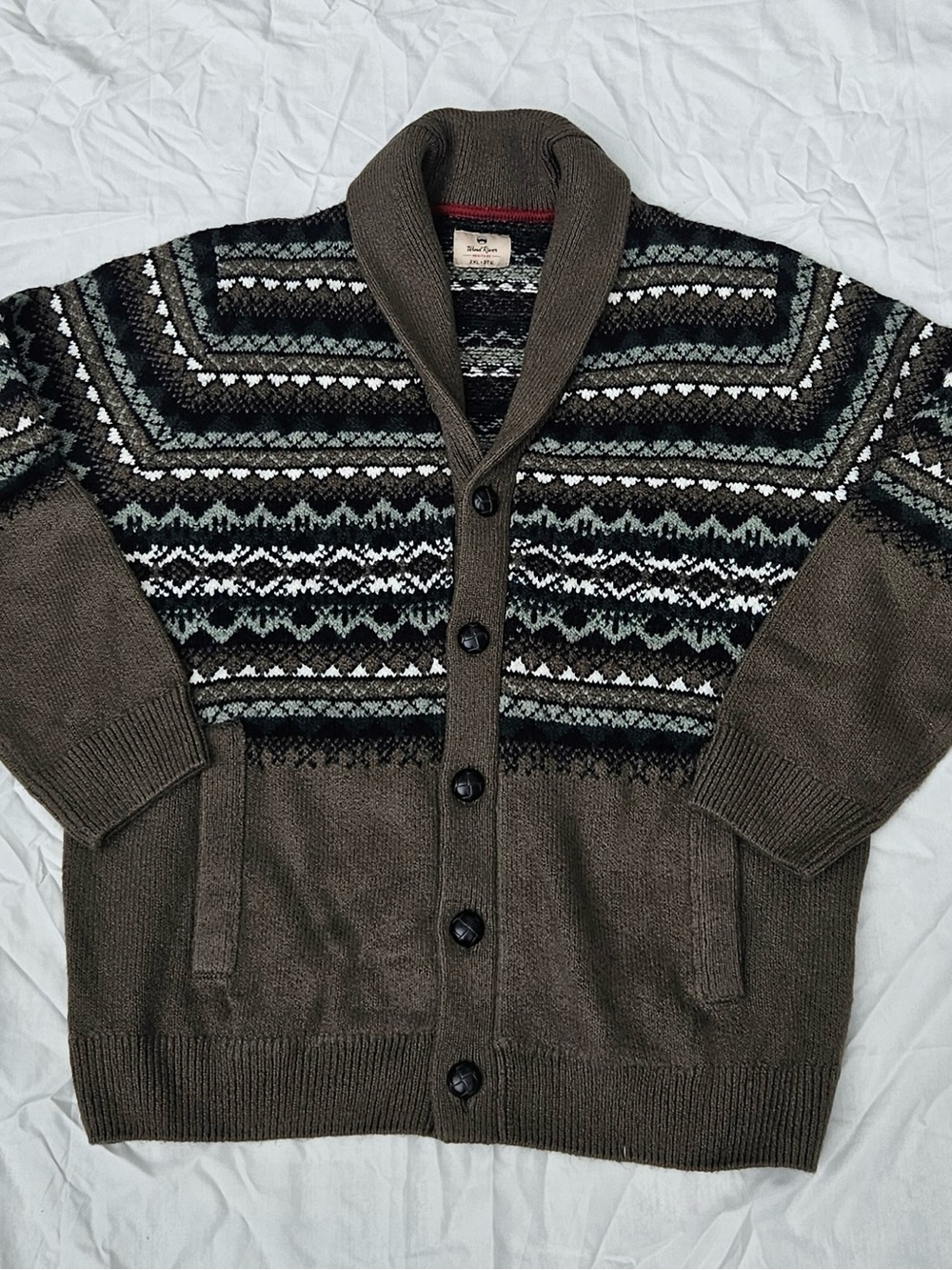 Men's Cotton Blend Button-Up Sweater Cardigan - Olive Green Fair Isle Pattern